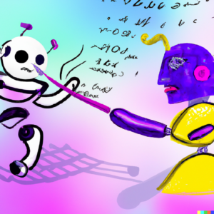 An AI-generated image featuring a battle betwen a robot and a human.