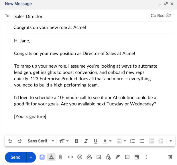 email congratulating a prospect for a new job role